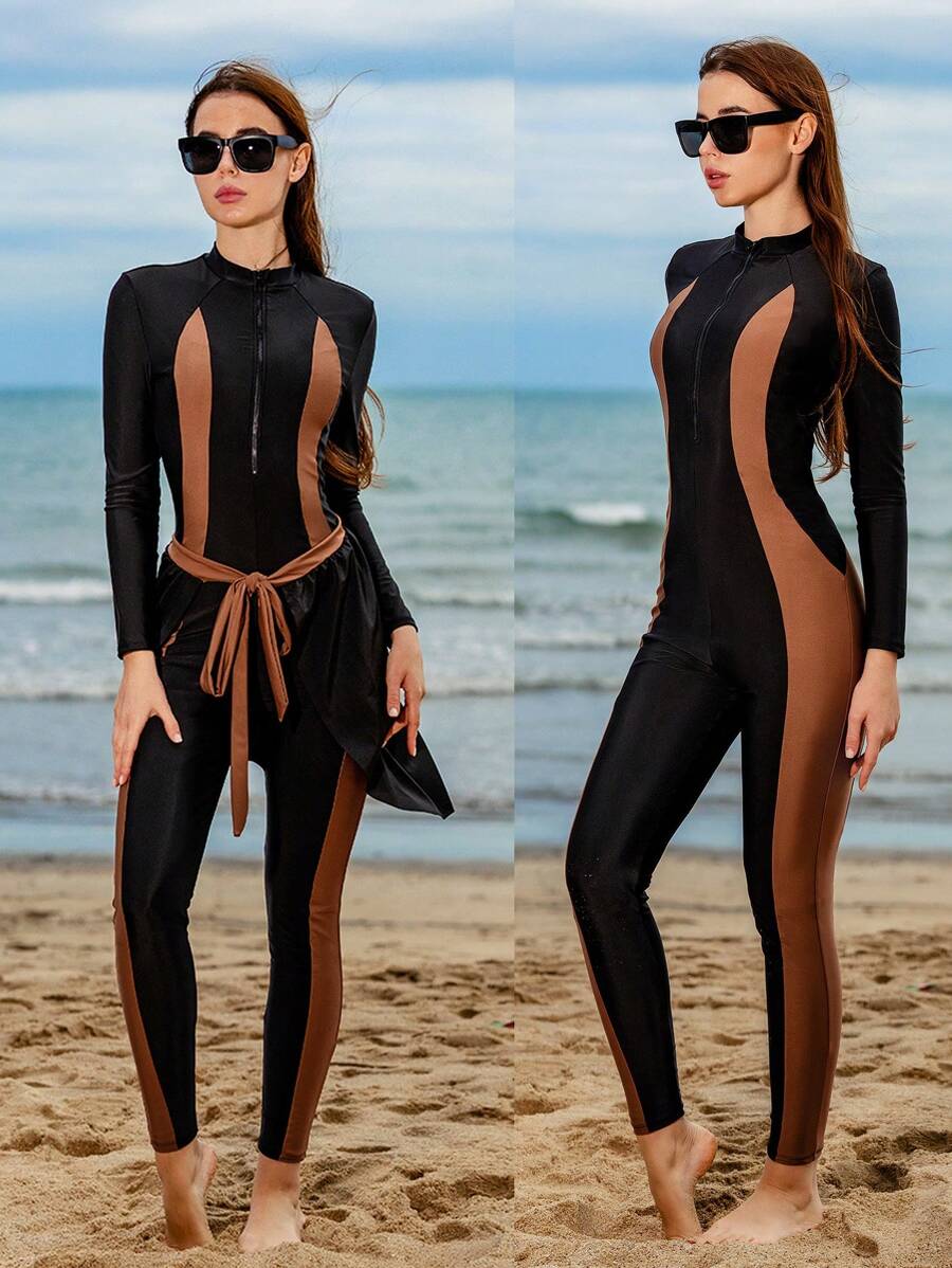 Swim Mulvari Women's Color Block Long Sleeve One Piece Swimsuit - Black - View 1