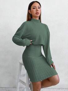 SHEIN Unity Của phụ nữ Màu thuần Đồ đan Ribbed Hai chiếc Bộ - màu xanh lá - Xem 5