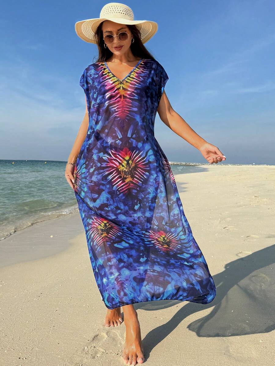 SHEIN Swim 夏季女式宽松全印花开衫嘉年华 - 彩色 - 查看 1