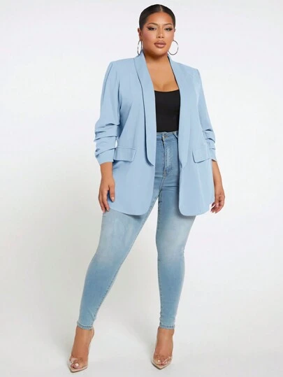 SHEIN SXY 女士加大碼純色披肩領斗篷大衣,構造褶紋袖子設計