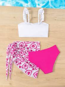 SHEIN Young Girl Heart Flower Patterned Bikini Set 3-Piece Set, Fashionable Vacation Beachwear, Mommy And Me Matching Outfits (3 Sets Sold Separately) Summer Beach - Multicolor - View 2