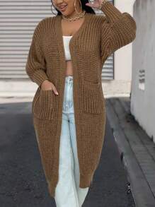 SHEIN LUNE Plus Dual Pocket Drop Shoulder Duster Cardigan, For Winter - Camel - View 3