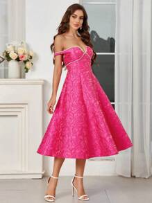 SHEIN Belle Women's Off-Shoulder Dress Rose Red Jacquard Fabric Rhinestones Chain Embellished Chest Suitable For Cocktail Dresses - Pink - View 2