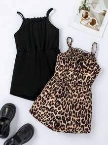 SHEIN Mono Con Estampado De Leopardo Y Cinturilla Elástica Con Tirantes Ajustables Para Niñas Jóvenes