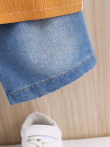 Baby Boy 2pcs/Set Stylish Spring/Summer Outfit, Color Block Short Sleeve Shirt And Washed Denim Shorts