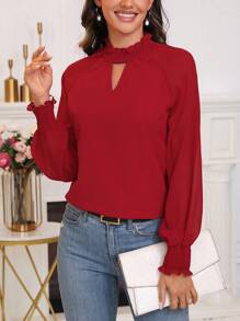 SHEIN Clasi 女性鑽石領長袖上衣 - 酒紅色 - 查看 1