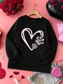 SHEIN LUNE Valentine's Day Pink Heart And Leopard Print Plus Size Loose Sweatshirt For Women - Black - View 1
