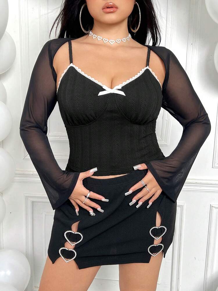 Plus Size Women's Mesh Cape With Bow Decorated Camisole Tank Top