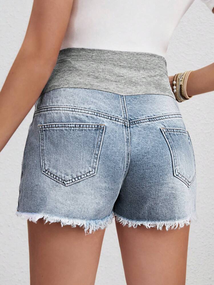 Maternity Adjustable Belly Support Destroyed Denim Shorts