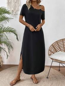 EMERY ROSE Solid Color Asymmetrical Neckline Slanted Pocket Side Slit Dress Maxi Women Outfit - Black - View 3