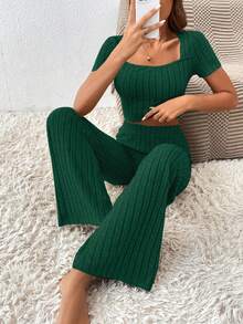 SHEIN Frenchy Women's Square Neck Ribbed Short Sleeve T-Shirt And Pants Two Pieces Set - Dark Green - View 6
