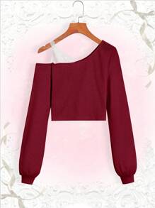 ROMWE Kawaii Camiseta de manga larga con cuello asimétrico y encaje de contraste para mujer, escuela