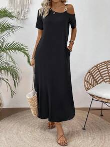 EMERY ROSE Solid Color Asymmetrical Neckline Slanted Pocket Side Slit Dress Maxi Women Outfit - Black - View 6