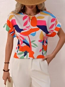 SHEIN Clasi Blusa De Manga Corta Estilo Murciélago Con Estampado Completo - Blanco - Ver 4