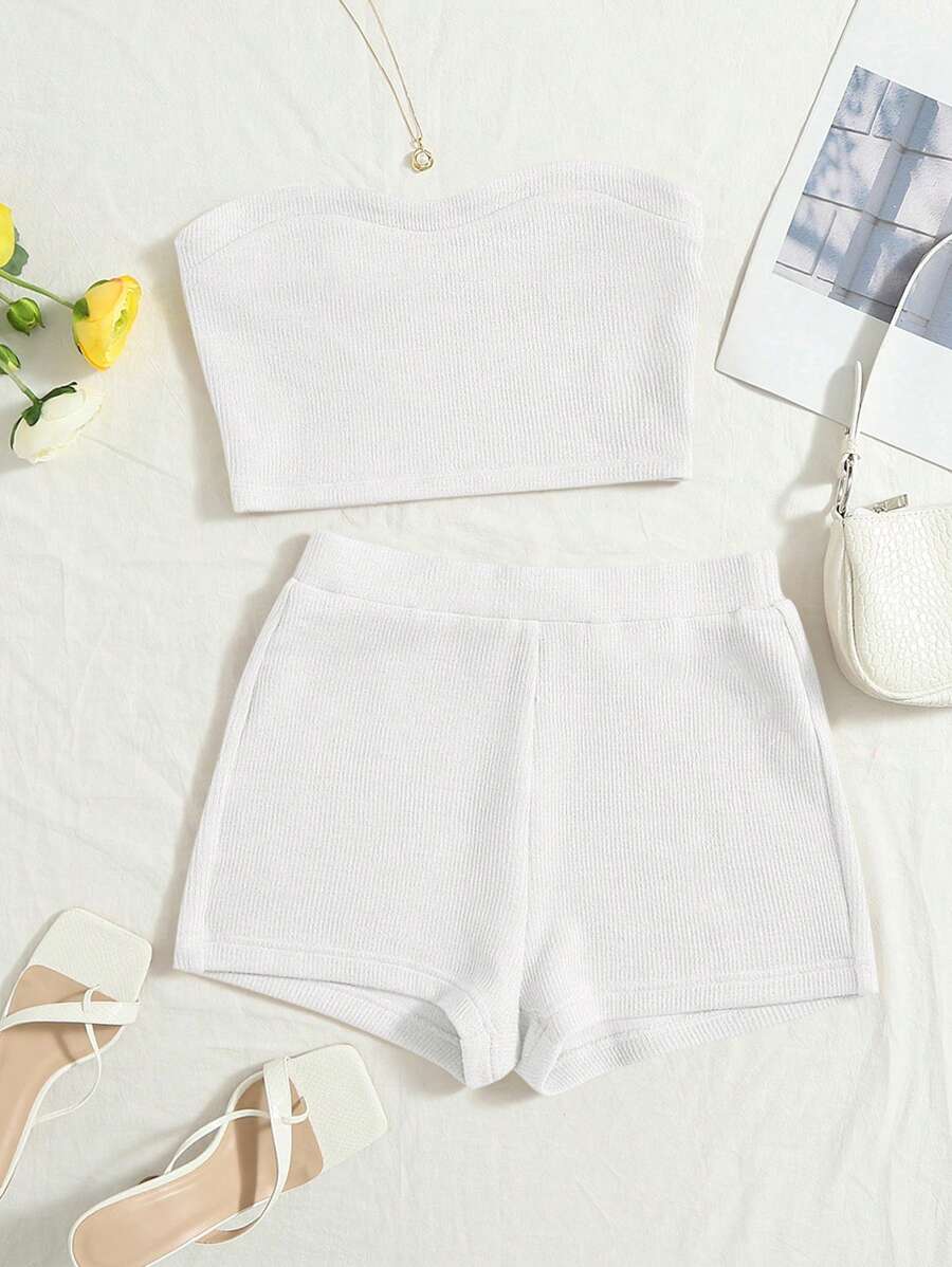 Soleia Ladies Solid Color Strapless Top And Shorts Set