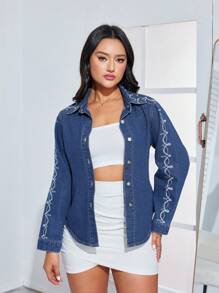 SHEIN Privé 女士刺繡牛仔上衣 - 深色水洗藍 - 查看 3