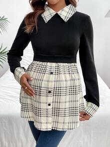 SHEIN Thai sản Khối màu Bảng kẻ sọc Tay áo dài 2 trong 1 Áo thun - màu đen - Xem 4