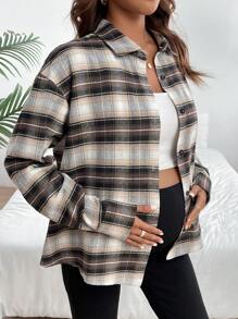 SHEIN Pregnant Women's Plaid Drop Shoulder Shirt Jacket For Maternity - Multicolor - View 5