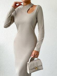 EURMUSE Cut-Out Detailed Rib Maxi Dress - Beige - View 3