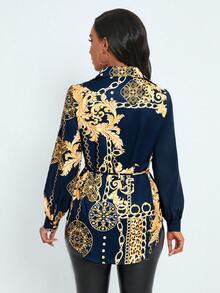 SHEIN Privé Long Sleeve Belted Shirt - Multicolor - View 2