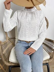 Chiquease Women's Stand Collar Long Sleeve Shirt With Frill Trim - White - View 5