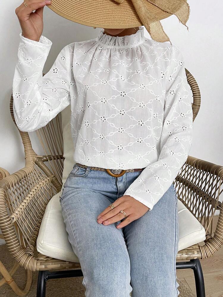 Chiquease 女用荷葉邊立領長袖襯衫 - 白色 - 查看 5