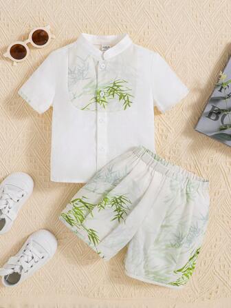 SHEIN Set met opstaande kraag, korte mouwen en korte broek voor babyjongens met bamboebladpatroon