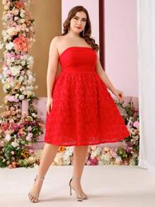 SHEIN Belle Women's Plus Size Red Strapless Flowing Mesh Spliced ​​Three-Dimensional Floral Fabric Dark Opium Style Babydoll Dress Graduation Party Dress Music Festival Dress Cocktail Party Dress - Red - View 7