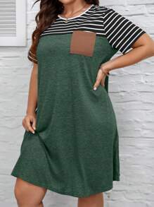 SHEIN LUNE Plus Size Summer Color Block Striped Patchwork Round Neck Tie Waist Pocket Daily Casual Mother Day Dress - Army Green - View 3