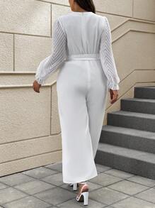 SHEIN Clasi Plus Size Jacquard Flared Sleeves Wrapped Neck Jumpsuit - White - View 2
