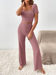 SHEIN Frenchy Conjunto de dos piezas con top corto y pantalones largos para mujer