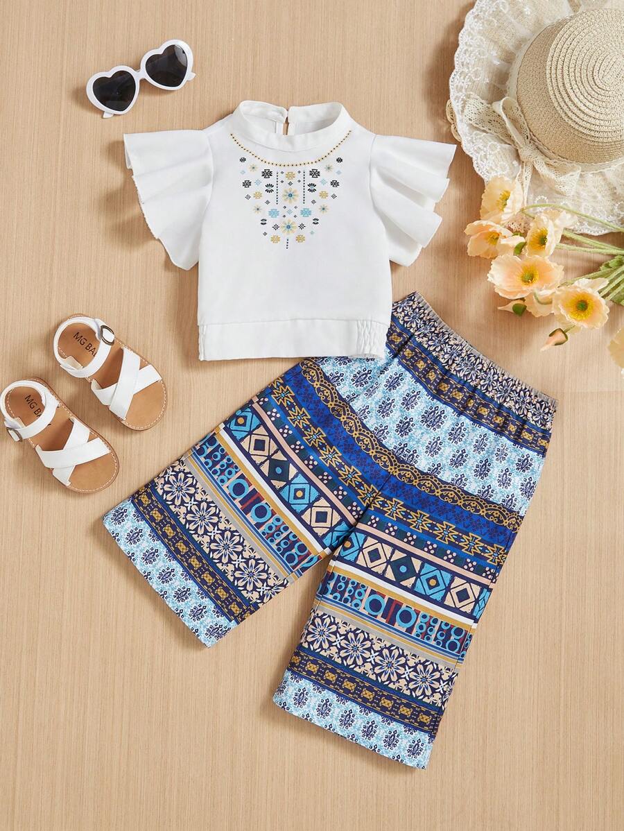 SHEIN Leap Crew 寶寶女孩度假風格荷葉邊上衣和彈性腰長褲套裝