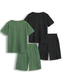 SHEIN 4入組十幾歲男孩休閒 Masson2021 純色鬆身短袖t恤和短褲夏季套裝 - 彩色 - 查看 2