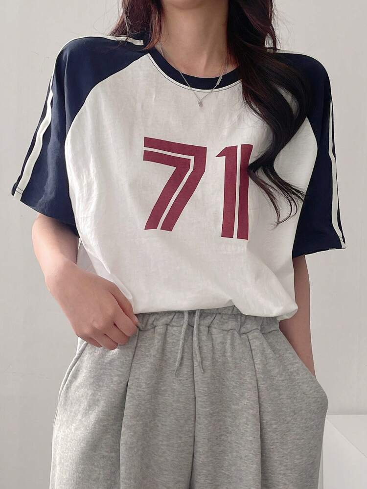 Women's Contrast Color Stitching Letter Print T-Shirt