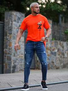 Men Ripped Frayed Skinny Jeans - Dark Wash - View 4