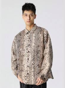 Men's Snake Pattern Textured Shirt - Khaki - View 1