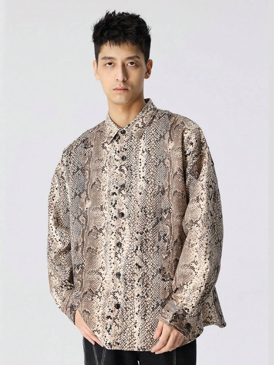 Men's Snake Pattern Textured Shirt - Khaki - View 1