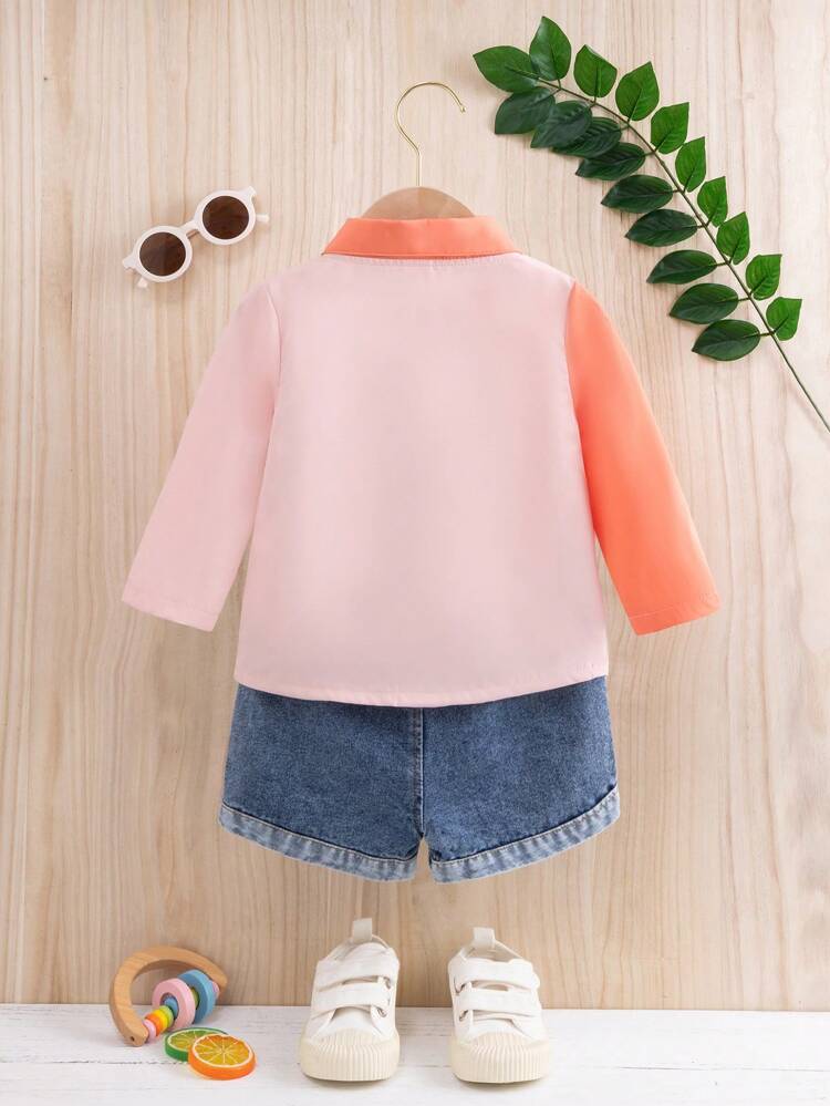 3pcs/Set Baby Girls' Spring/Summer Mix & Match Outfits With Long Sleeve Color Block Shirt, White T-Shirt, And Washed Jeans Shorts