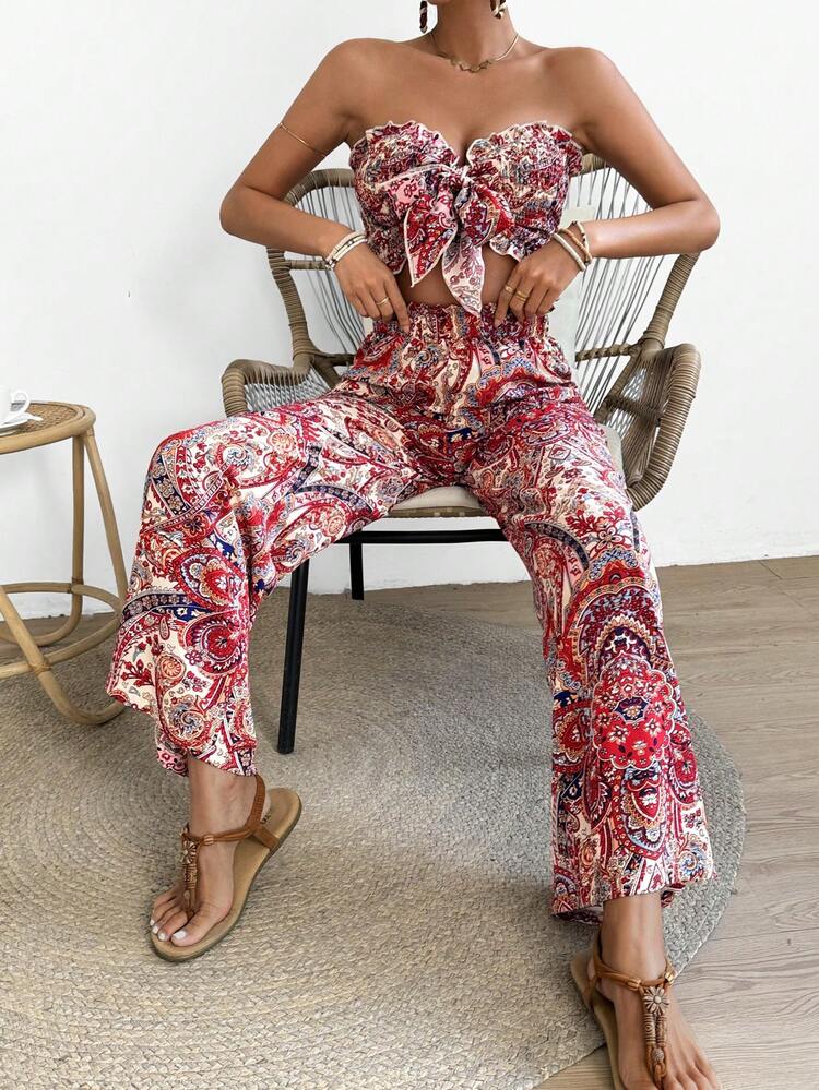 Women's Elegant Paisley Print Front Tie Bandeau Top And Pants Set