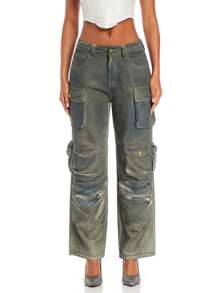 SHEIN BAE Women's Denim Jeans With Multiple Pockets And Distressed Finish, Featuring Rock & Western Style - Dark Grey - View 5