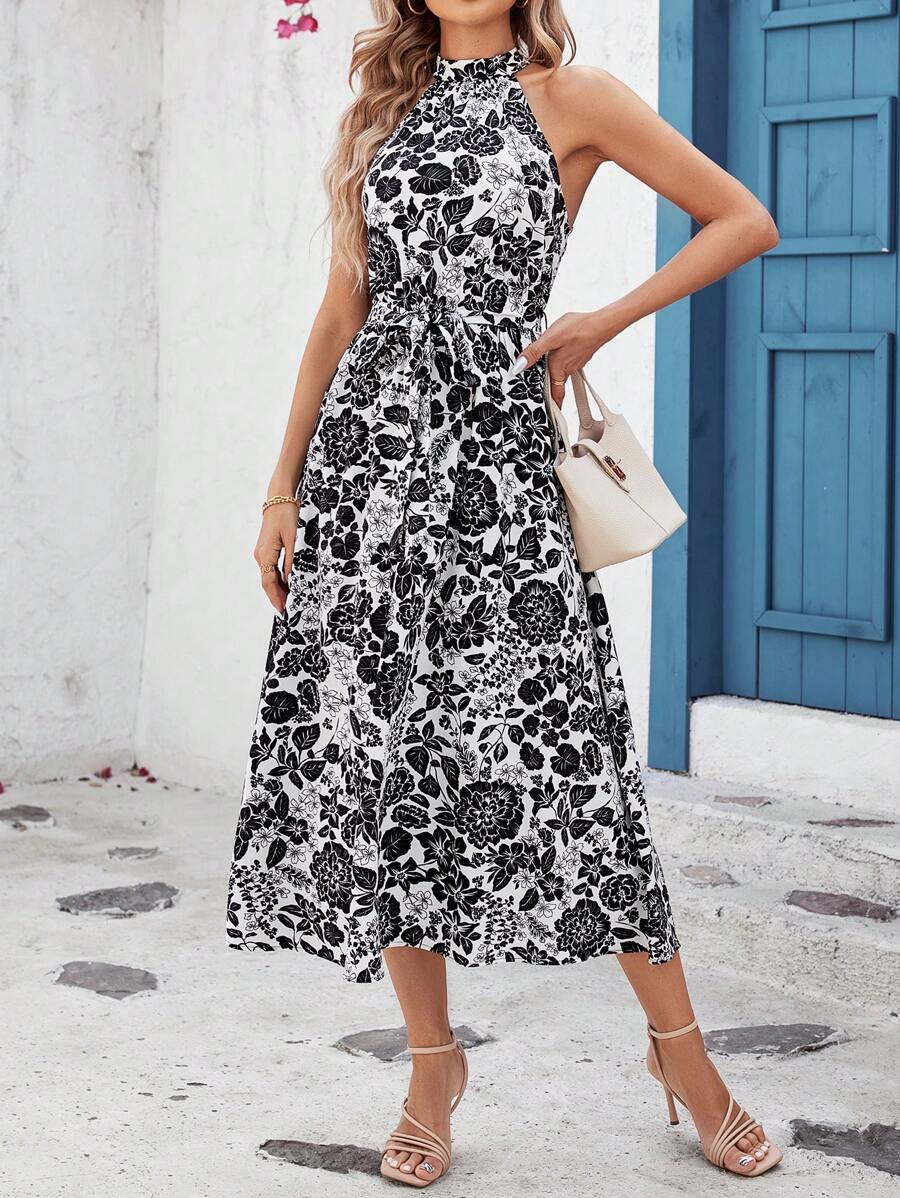 SHEIN Clasi 女士花卉印花露背連衣裙 - 黑與白 - 查看 1