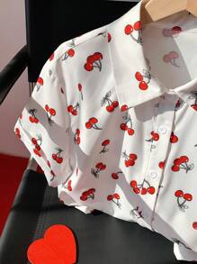 SHEIN Comfortcana Women'S Short Cherry Printed Crop Blouse,Short Sleeve Tops - White - View 5