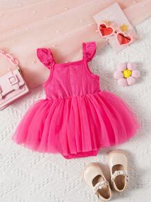 Baby Girl Elegant Mesh Flutter Sleeve Bodysuit With Mesh Ruffle Cute And Cool Style, Perfect For Everyday Occasions In Spring And Summer, In Pink - Multicolor - View 2