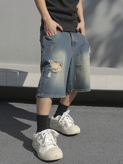 Manfinity EMRG Quần short denim rách cho nam đi chơi quần short denim rộng thùng thình màu xanh đậm trơn, dành tặng chồng, quà tặng bạn trai