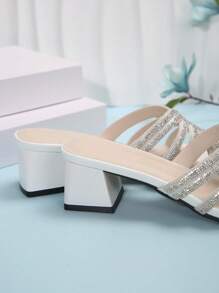 White Square Toe Thin Heeled Sandals For Women, Fashionable French Style Crystal Embellished High Heeled Shoes, Summer & Fall Valentines