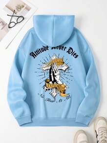 Men's Cross & Letter Print Hoodie - Baby Blue - View 1