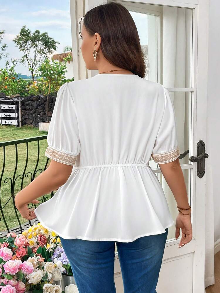 Plus Size Embroidered Applique Short Sleeve Blouse With Asymmetrical Ruffle Hem