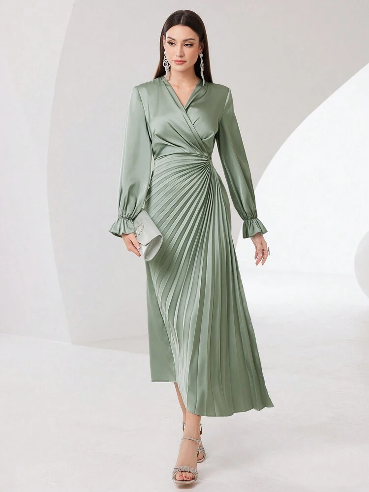 Women'S V-Neck Pleated Hemline Long Sleeve Dress Long Evening Dresses