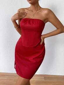 Zolique 女裝性感無肩帶短上衣和開叉緊身裙套裝 - 紅色 - 查看 3