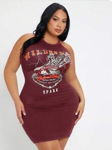 SHEIN SXY 大尺碼女士老鷹字母印花露背連衣裙 - 酒紅色 - 查看 1
